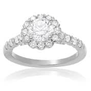 A white gold diamond halo engagement ring.