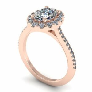 A rose gold diamond halo engagement ring.