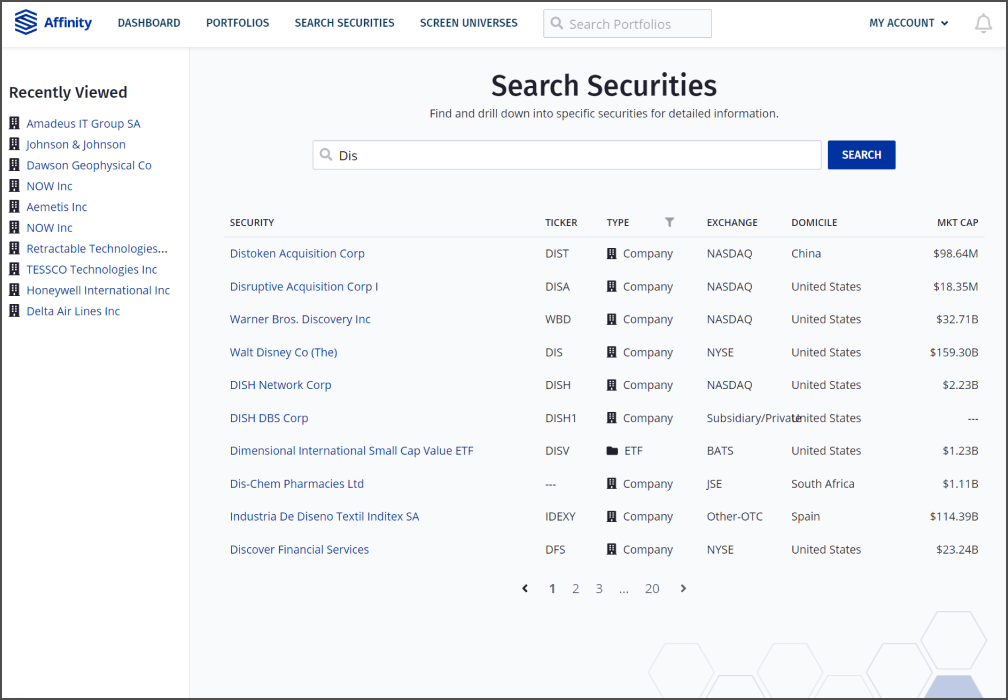 Affinity Search Securities tool
